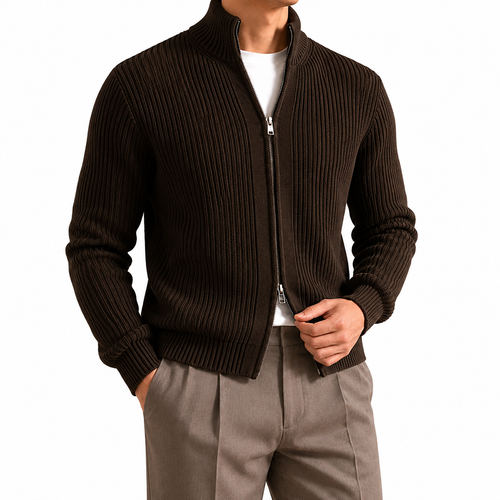 Anti-Pilling Cotton Zip Sweater — Ribbed Oversized Dark
