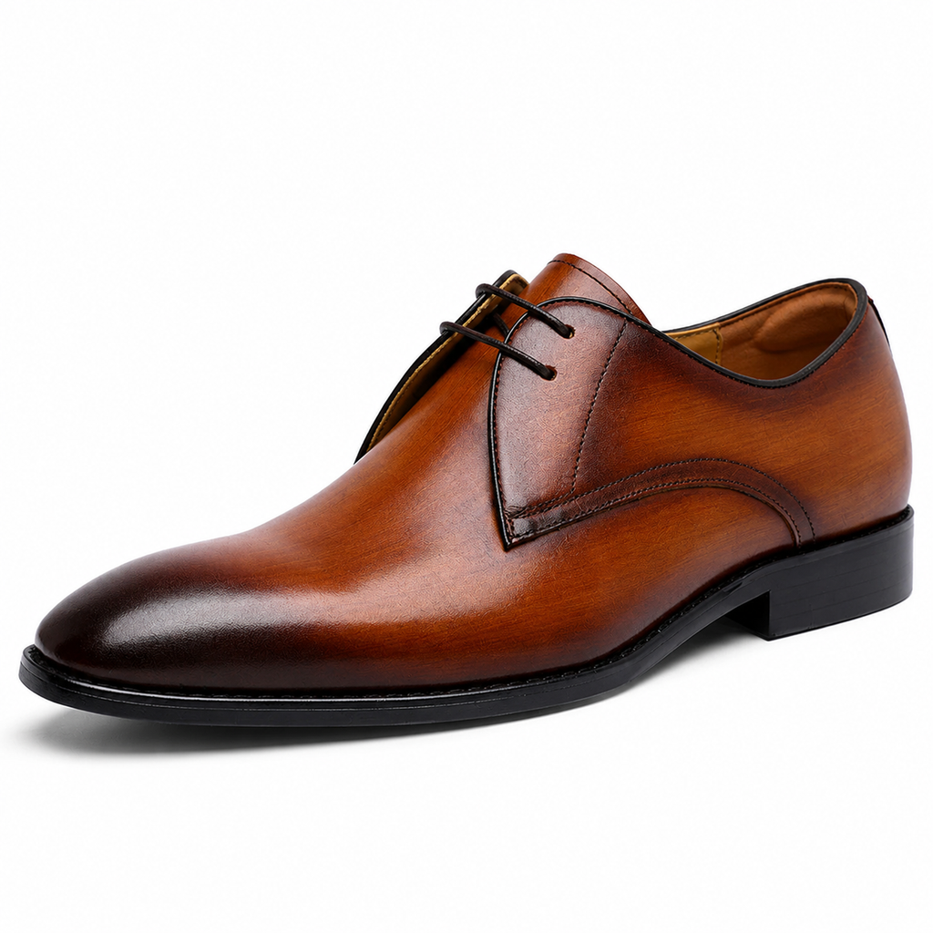 Burnished Derby Shoes — Genuine Leather Open Lace Business