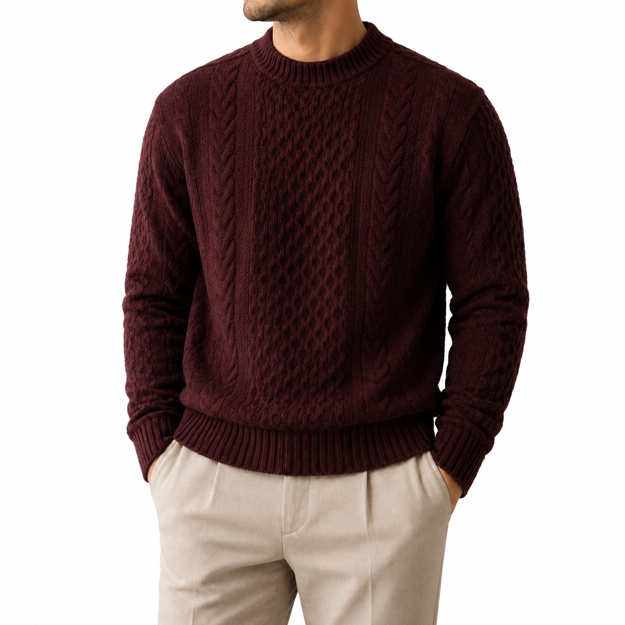 Cable Knit Wool Crew Sweater — Textured Artisan