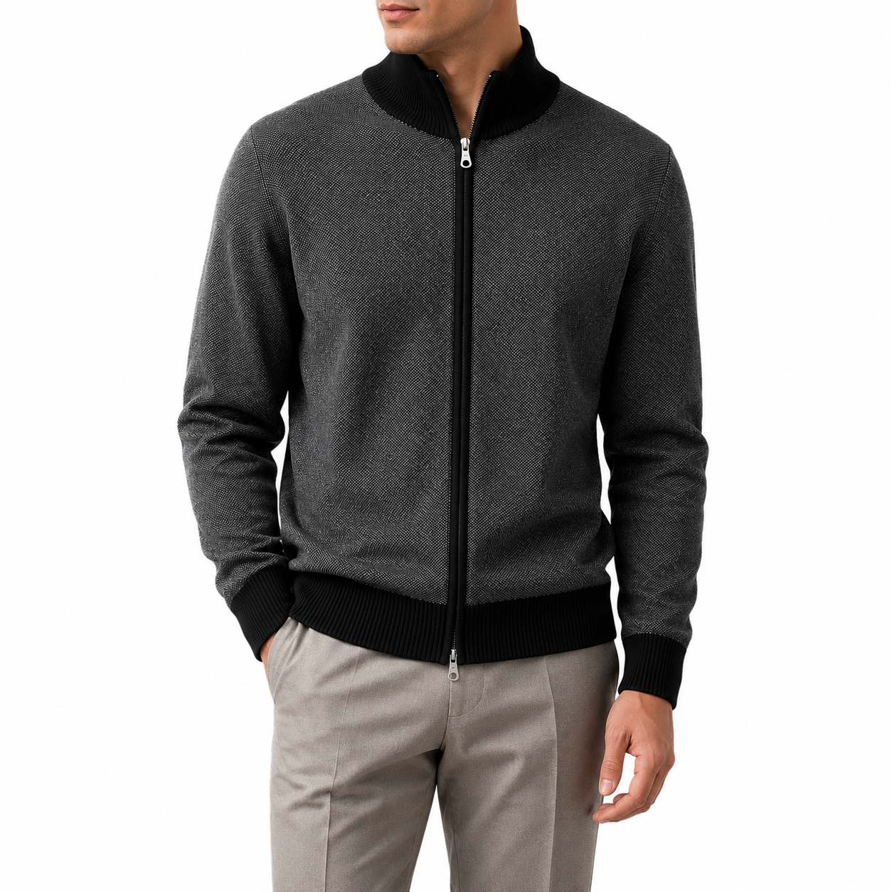 Cashmere Zip Sweater — Jacquard Contrast Collar