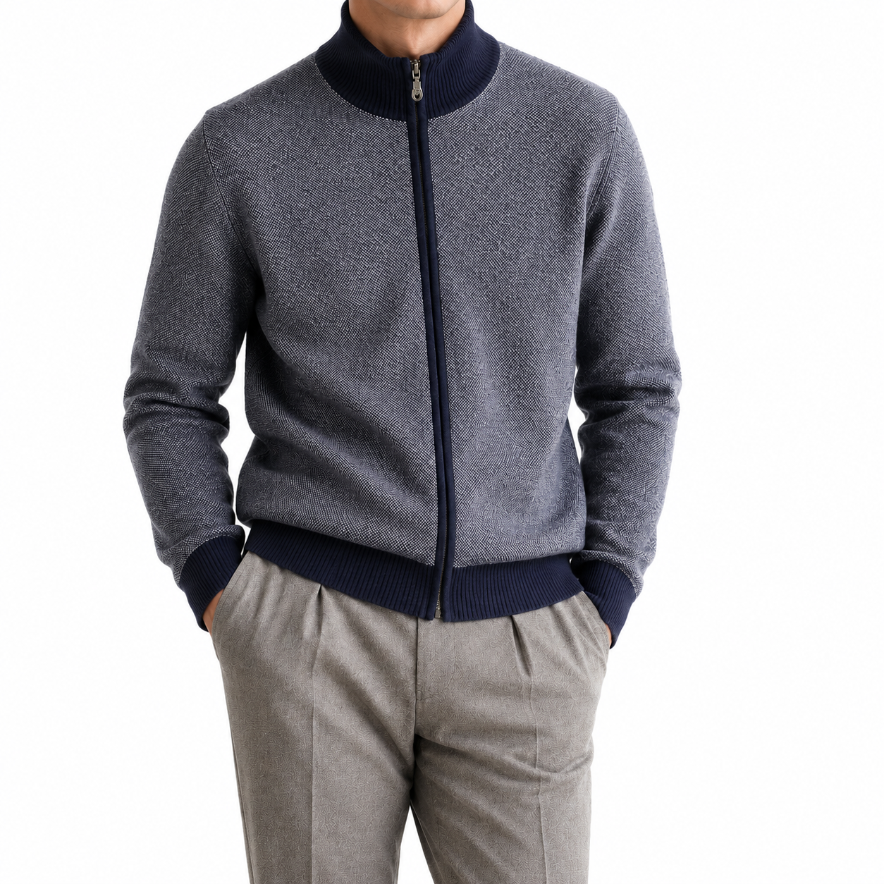 Cashmere Zip Sweater — Jacquard Contrast Collar