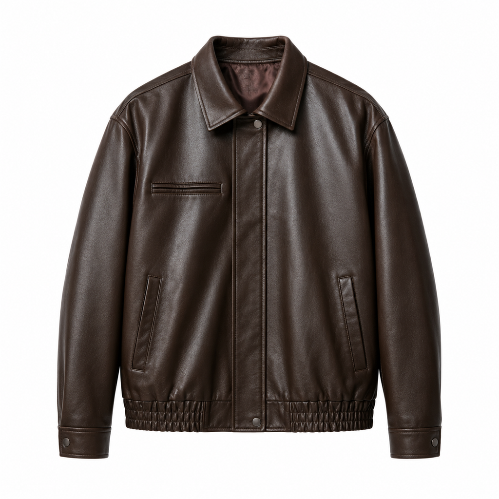 Cognac Leather Bomber Jacket — Autumn Trendy Slim Fit