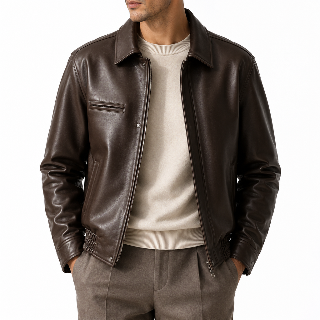 Cognac Leather Bomber Jacket — Autumn Trendy Slim Fit