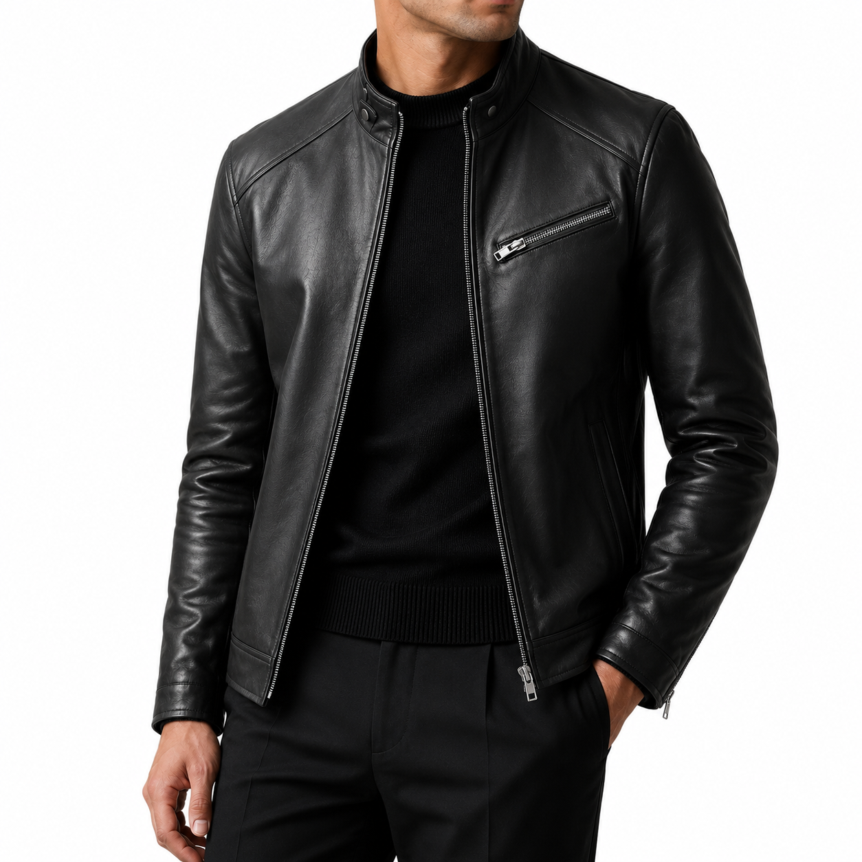 Moto Leather Jacket — Quilted Panel Zip-Up Biker