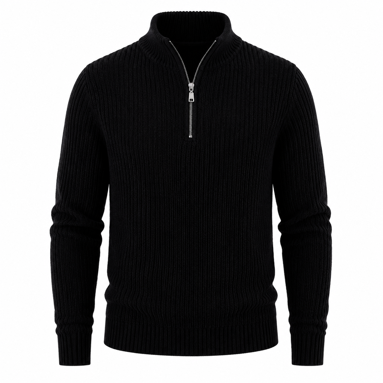 Pure Wool Half-Zip Sweater — Ribbed Turtleneck Thick Knit