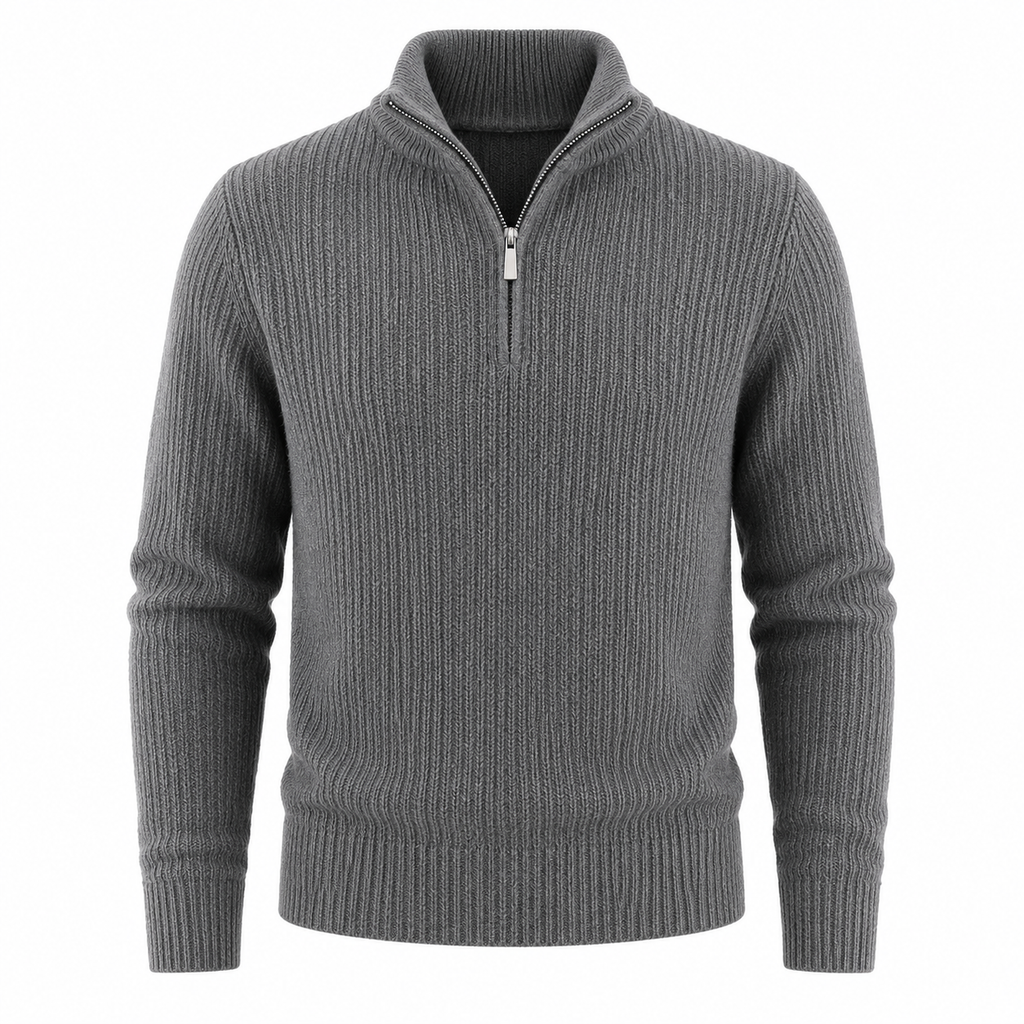 Pure Wool Half-Zip Sweater — Ribbed Turtleneck Thick Knit