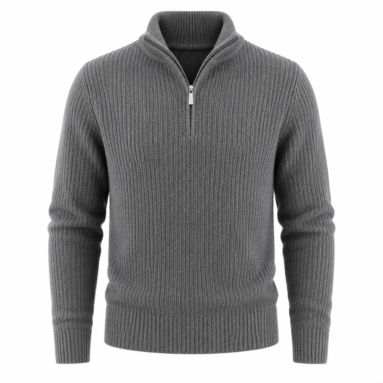 Pure Wool Half-Zip Sweater — Ribbed Turtleneck Thick Knit