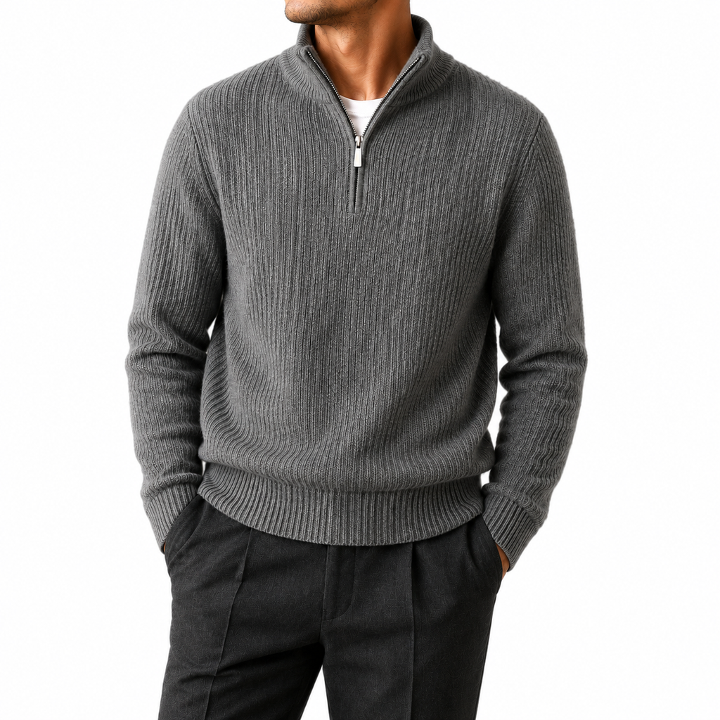 Pure Wool Half-Zip Sweater — Ribbed Turtleneck Thick Knit