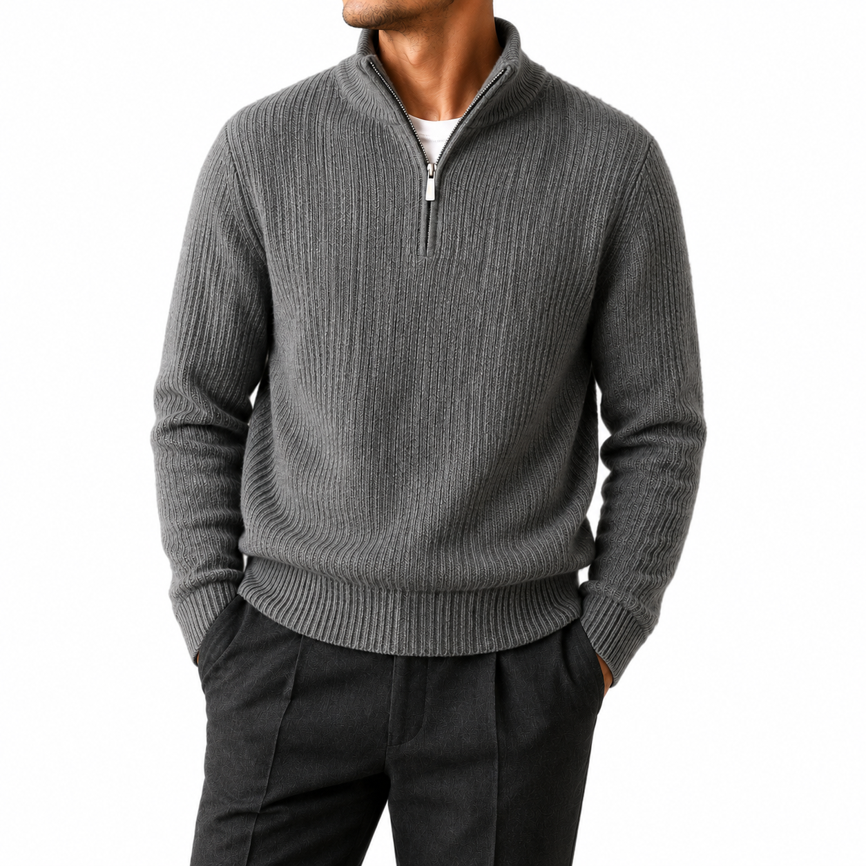 Pure Wool Half-Zip Sweater — Ribbed Turtleneck Thick Knit