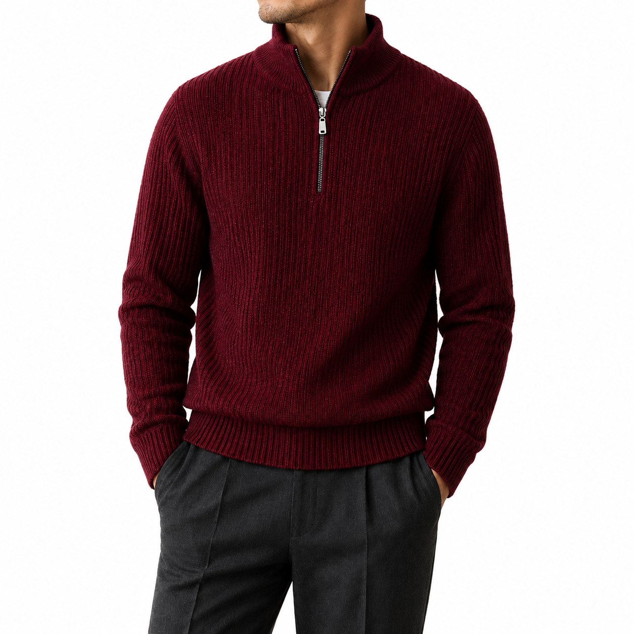 Pure Wool Half-Zip Sweater — Ribbed Turtleneck Thick Knit