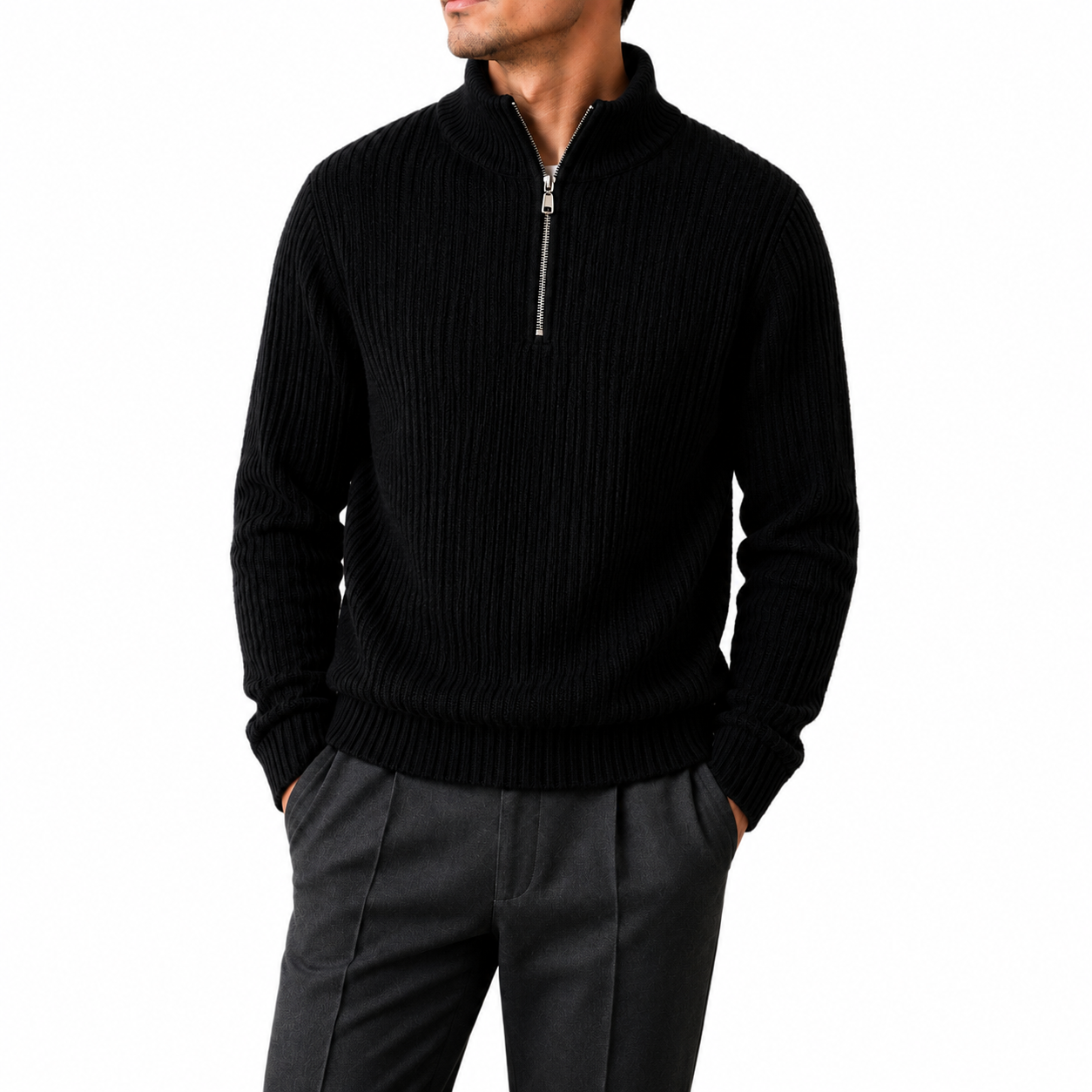 Pure Wool Half-Zip Sweater — Ribbed Turtleneck Thick Knit