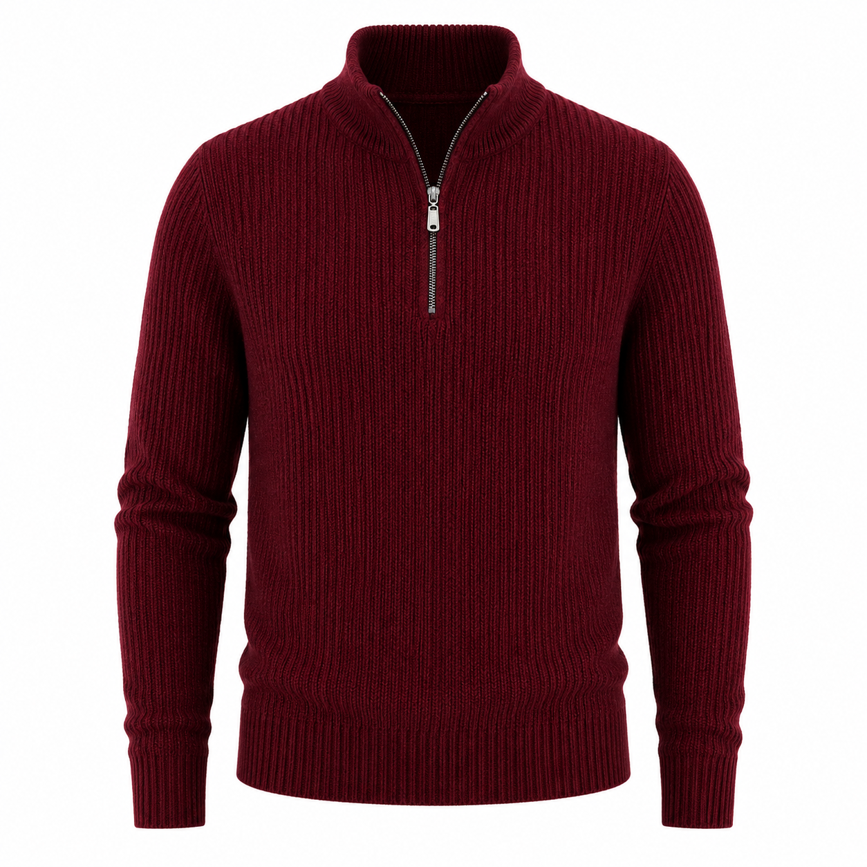 Pure Wool Half-Zip Sweater — Ribbed Turtleneck Thick Knit