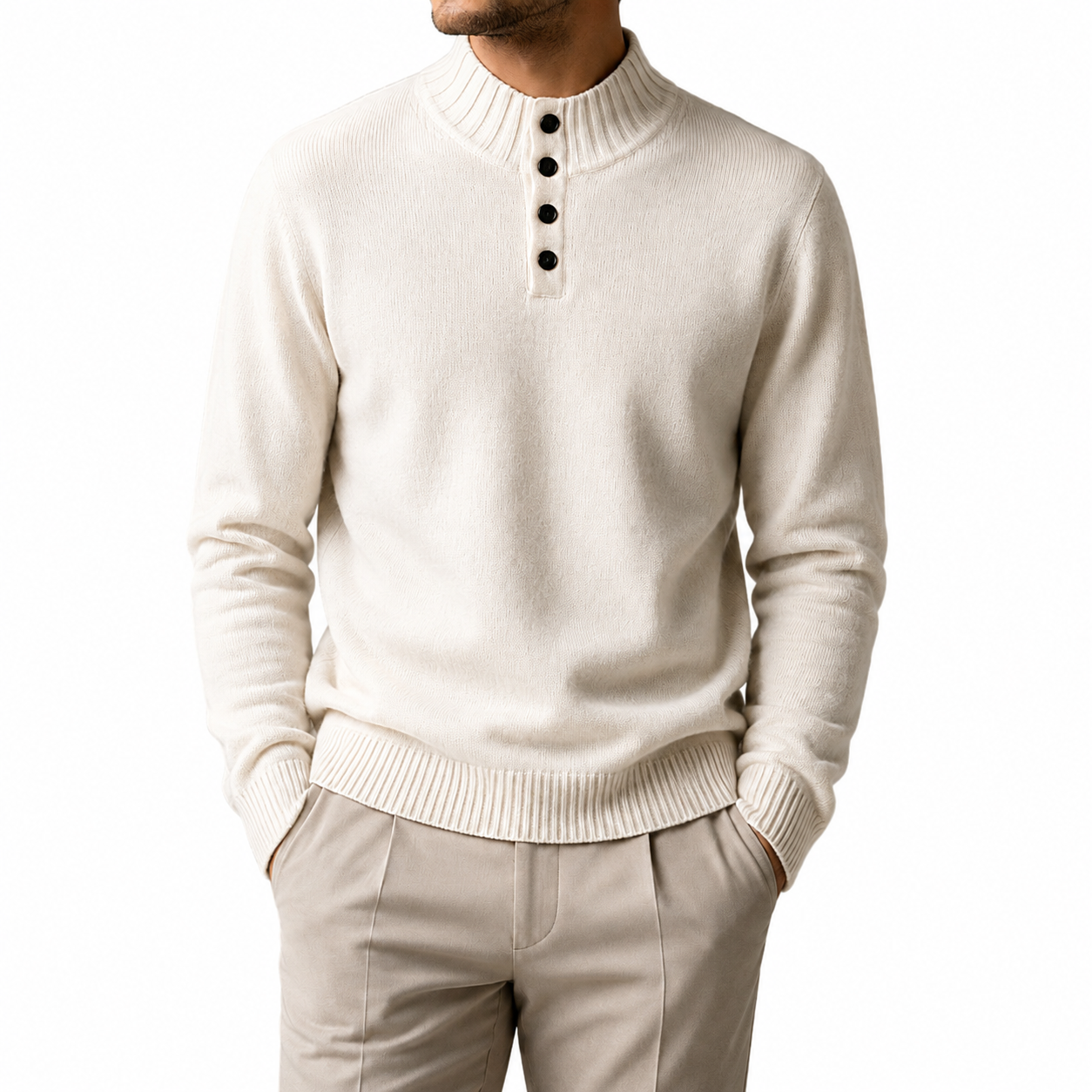 Pure Wool Henley Mock Neck Sweater — Button Ribbed Structured