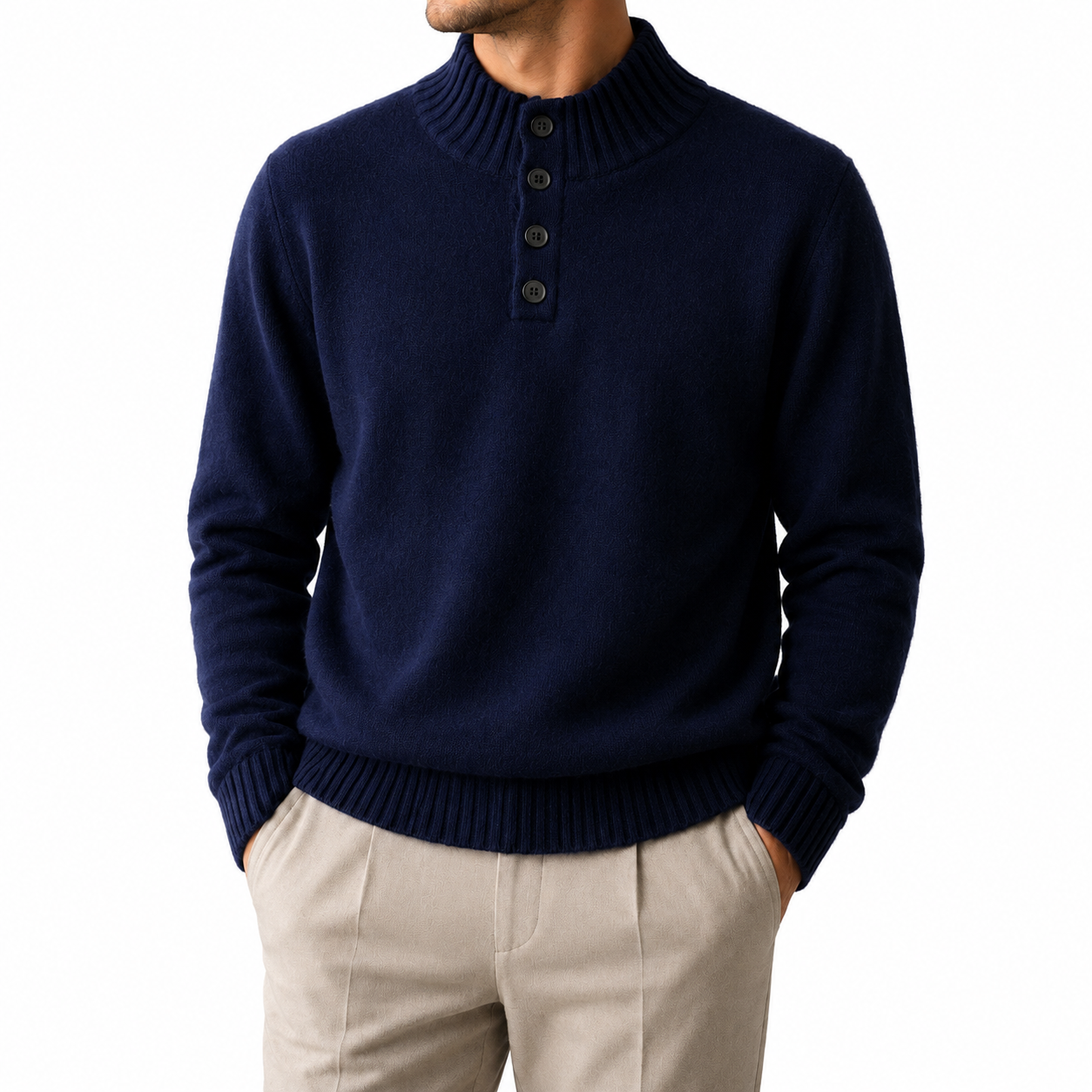 Pure Wool Henley Mock Neck Sweater — Button Ribbed Structured