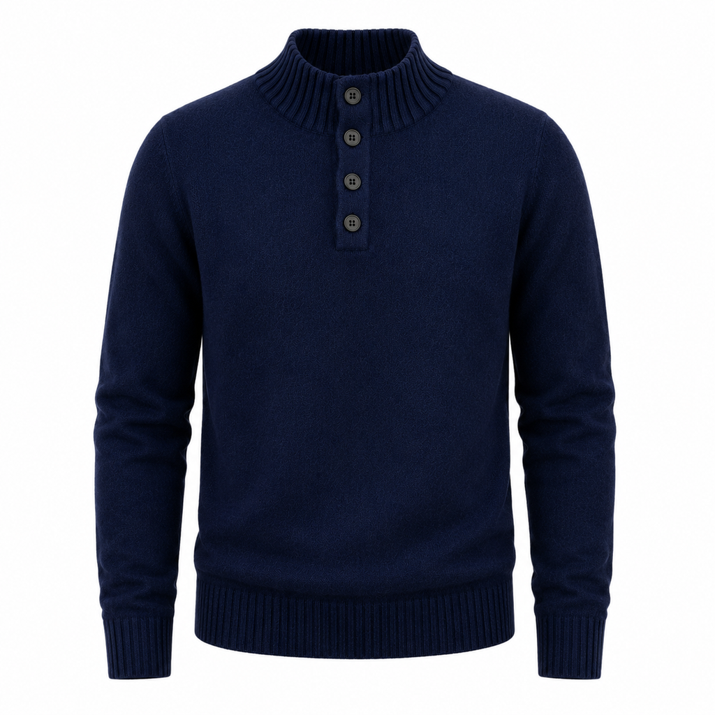 Pure Wool Henley Mock Neck Sweater — Button Ribbed Structured