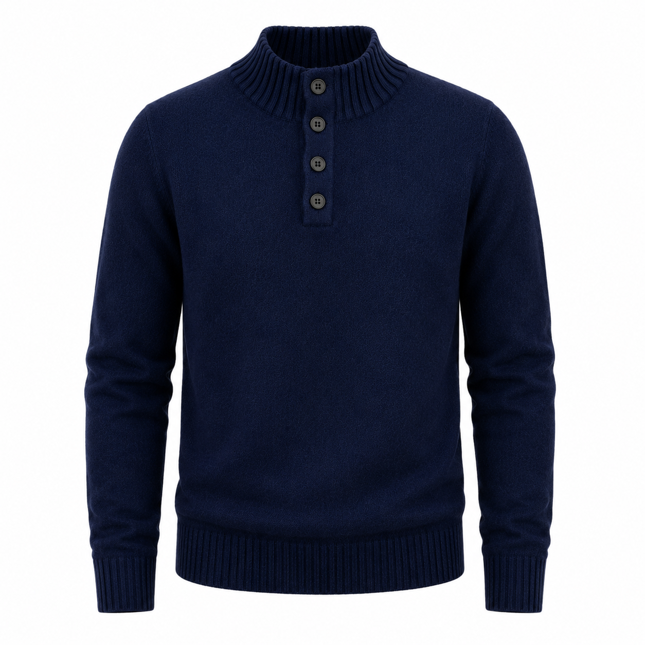 Pure Wool Henley Mock Neck Sweater — Button Ribbed Structured