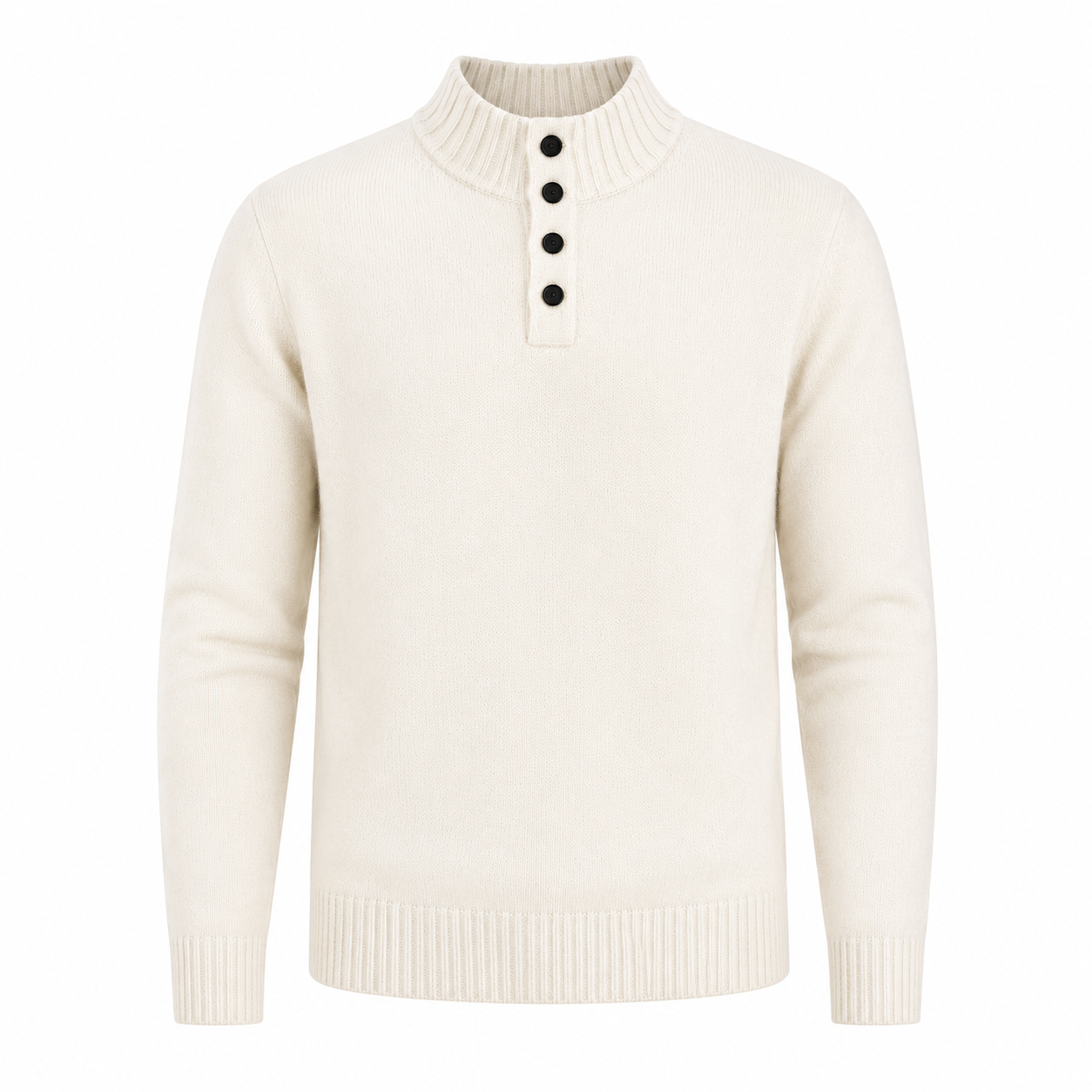 Pure Wool Henley Mock Neck Sweater — Button Ribbed Structured