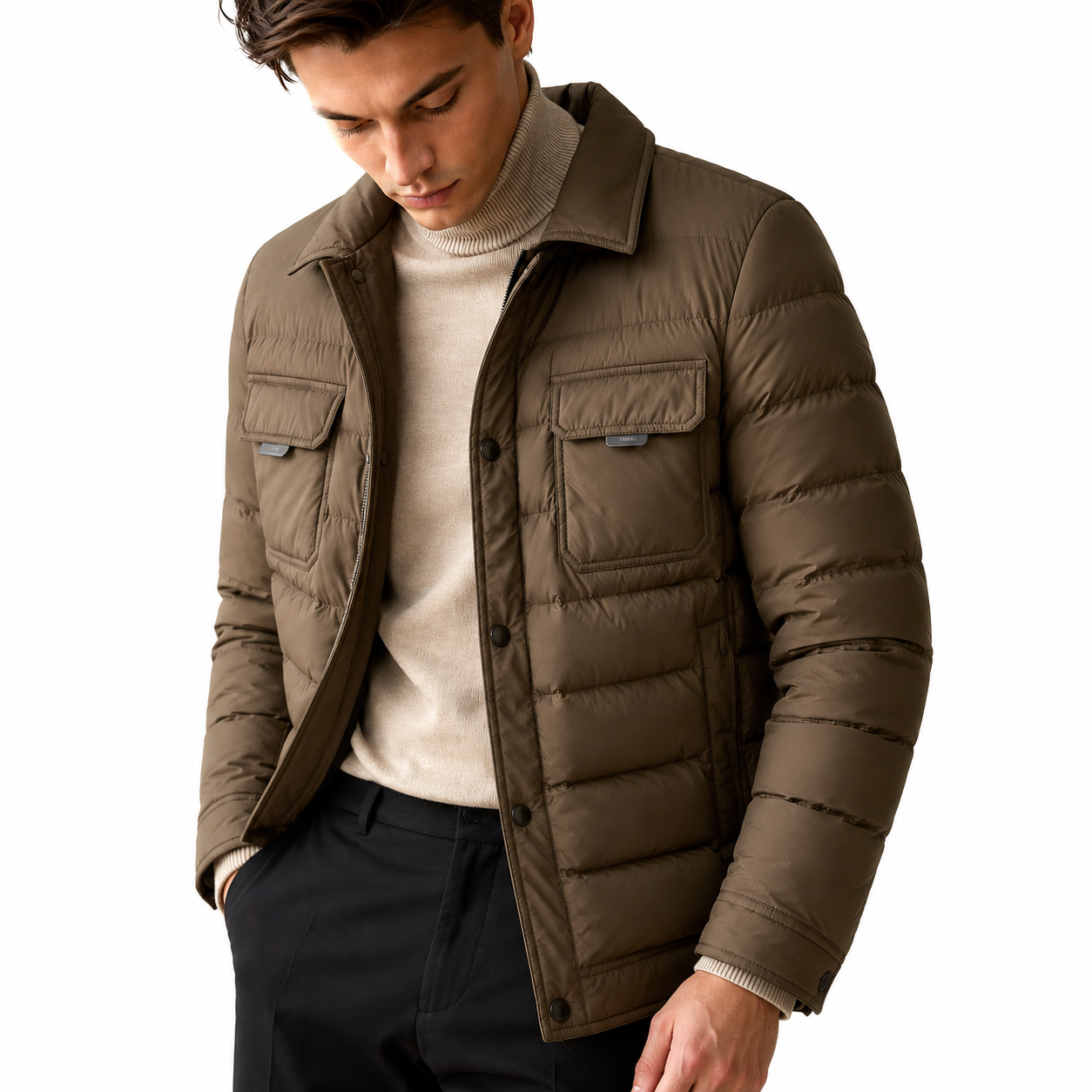 Quilted Cotton Shirt Jacket — Snap Button Slim Structured