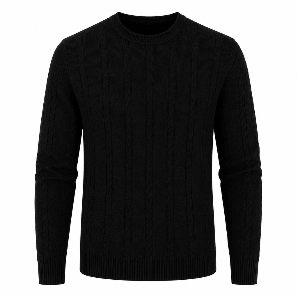 Vertical Cable Knit Cotton Sweater — Slim Crew Neck Tonal