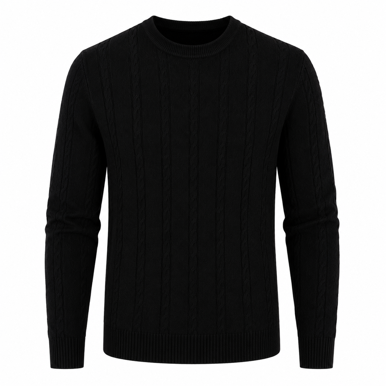 Vertical Cable Knit Cotton Sweater — Slim Crew Neck Tonal