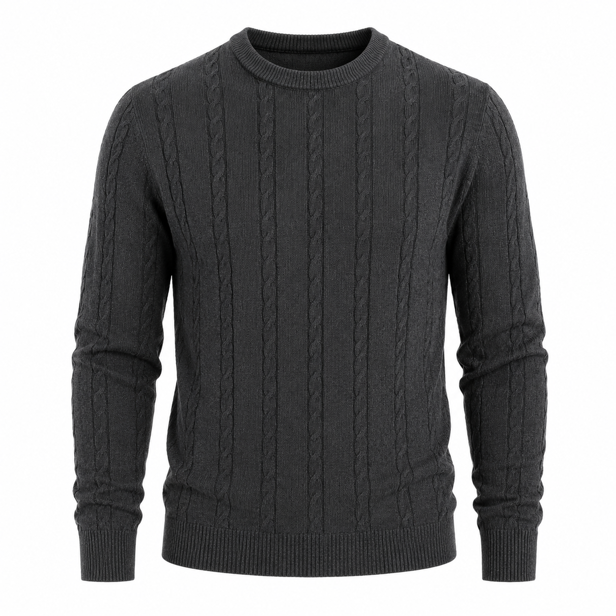 Vertical Cable Knit Cotton Sweater — Slim Crew Neck Tonal