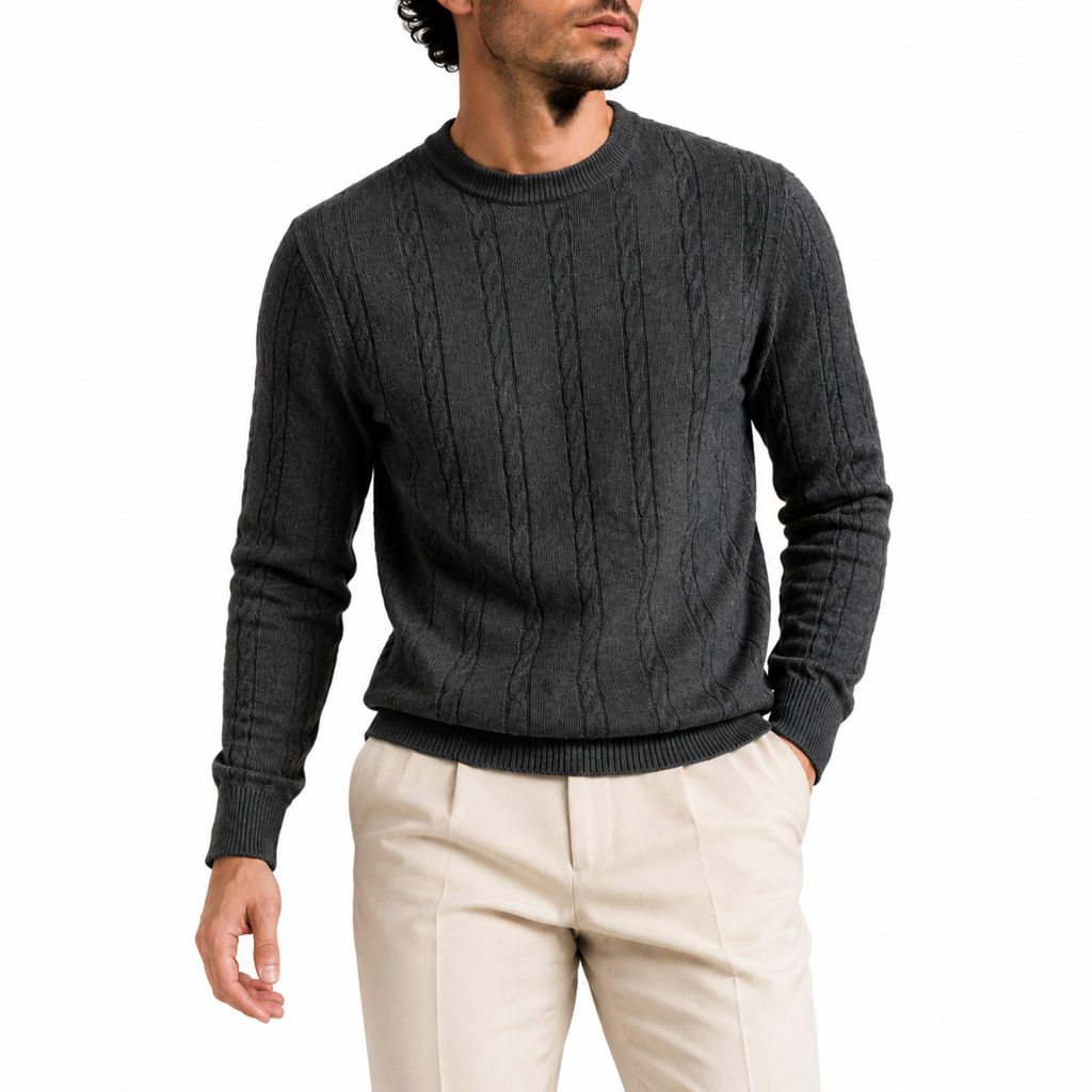 Vertical Cable Knit Cotton Sweater — Slim Crew Neck Tonal