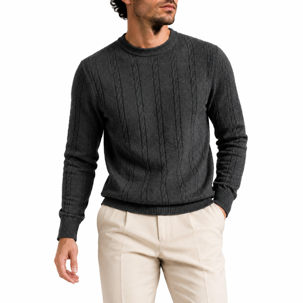 Vertical Cable Knit Cotton Sweater — Slim Crew Neck Tonal