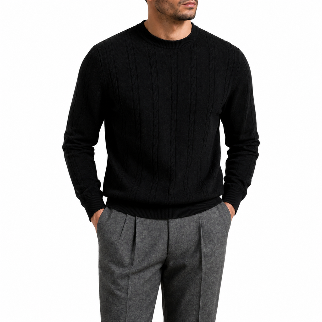 Vertical Cable Knit Cotton Sweater — Slim Crew Neck Tonal